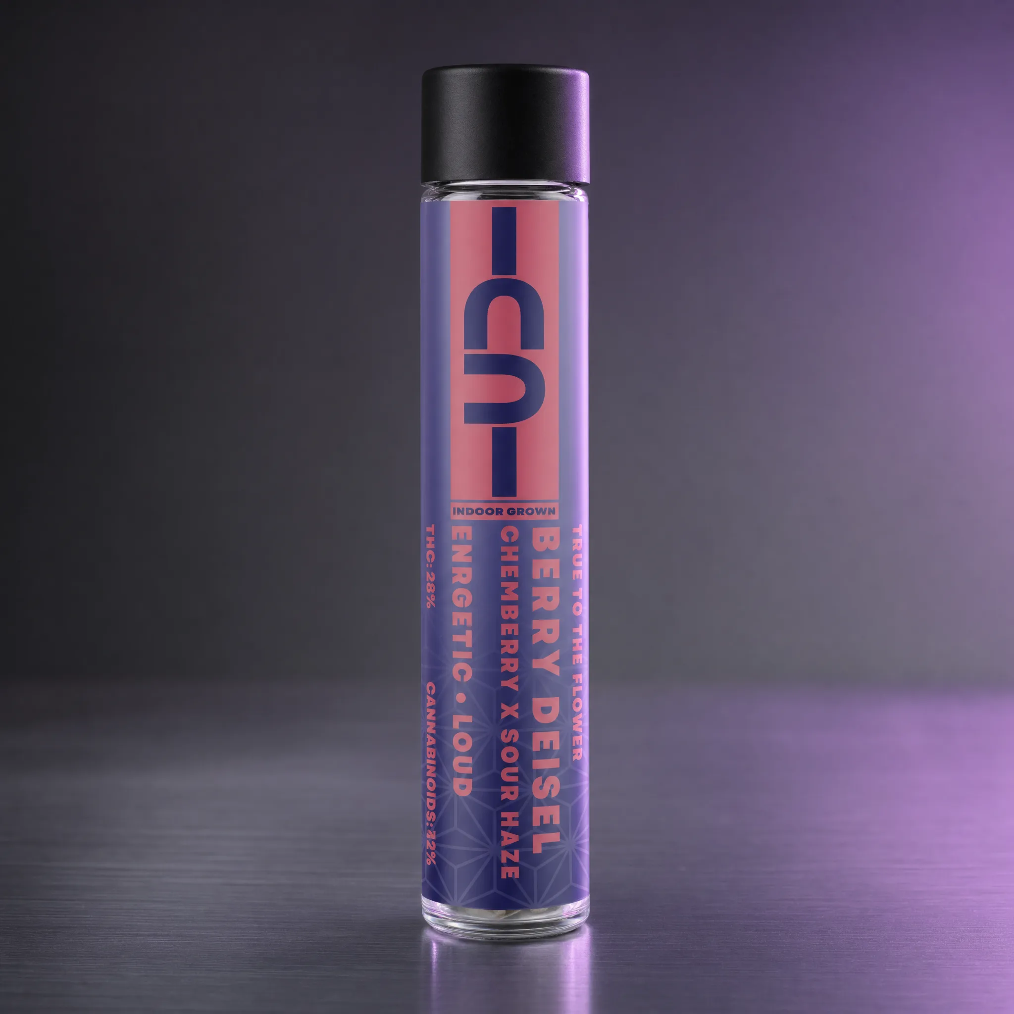 Berry Deisel sativa pre-roll in a clear glass tube on brushed gunmetal, violet and indigo CU label
