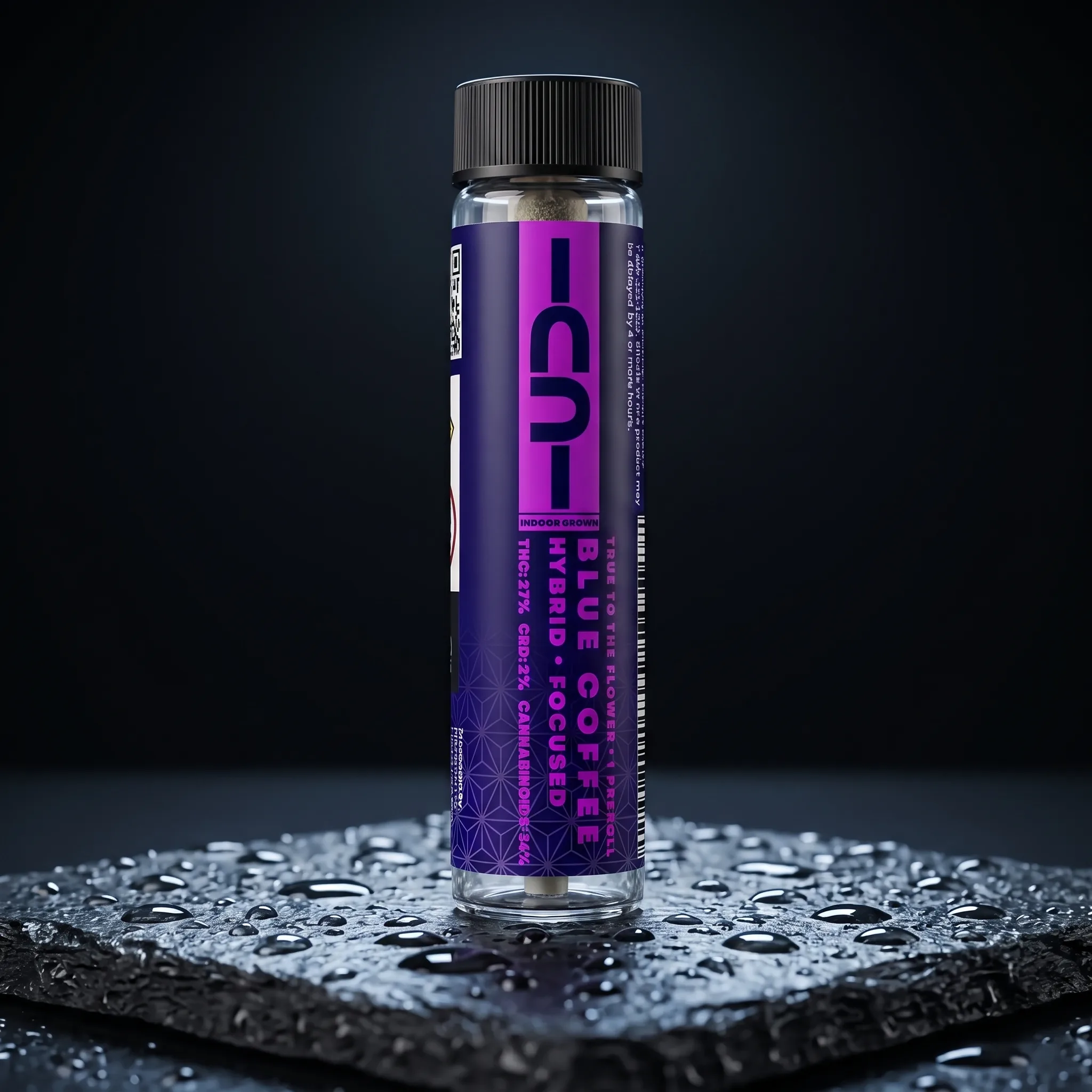 Blue Coffee hybrid pre-roll on wet slate, navy and violet CU label