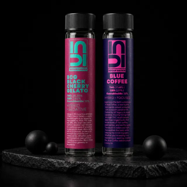 INDI pre-rolls, BCG Black Cherry Gelato and Blue Coffee, on a black altar