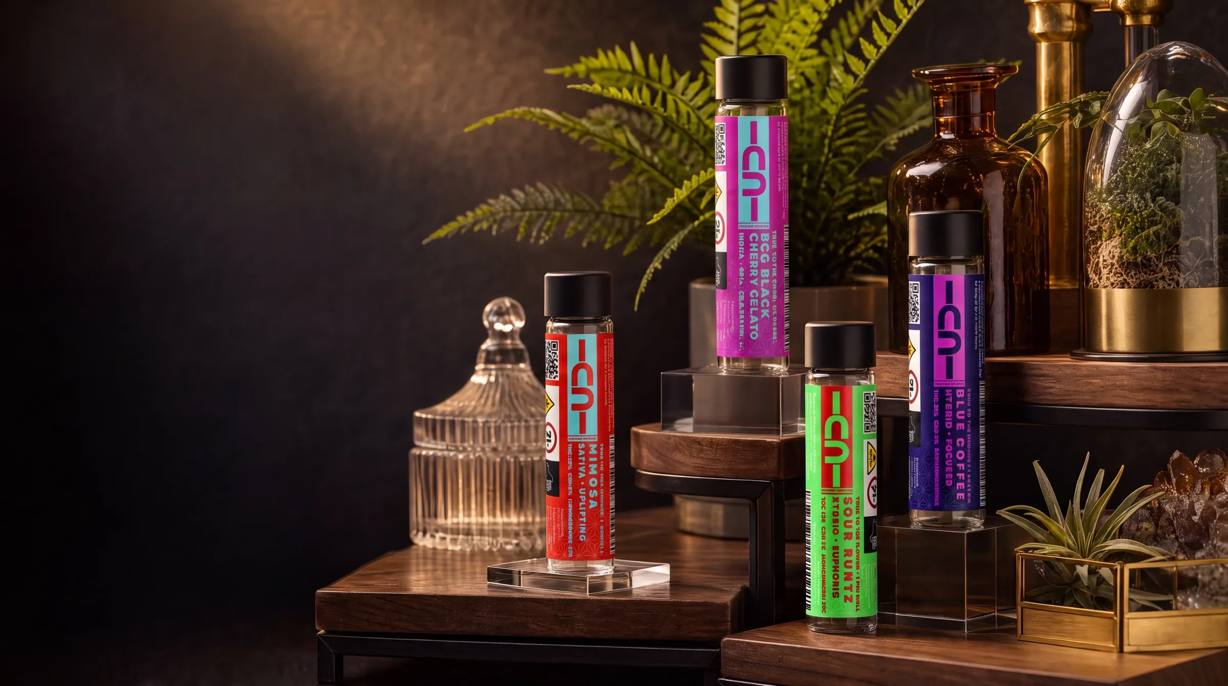 INDI CU glass pre-roll tubes on a dispensary display shelf with ferns, apothecary glass, and warm studio light