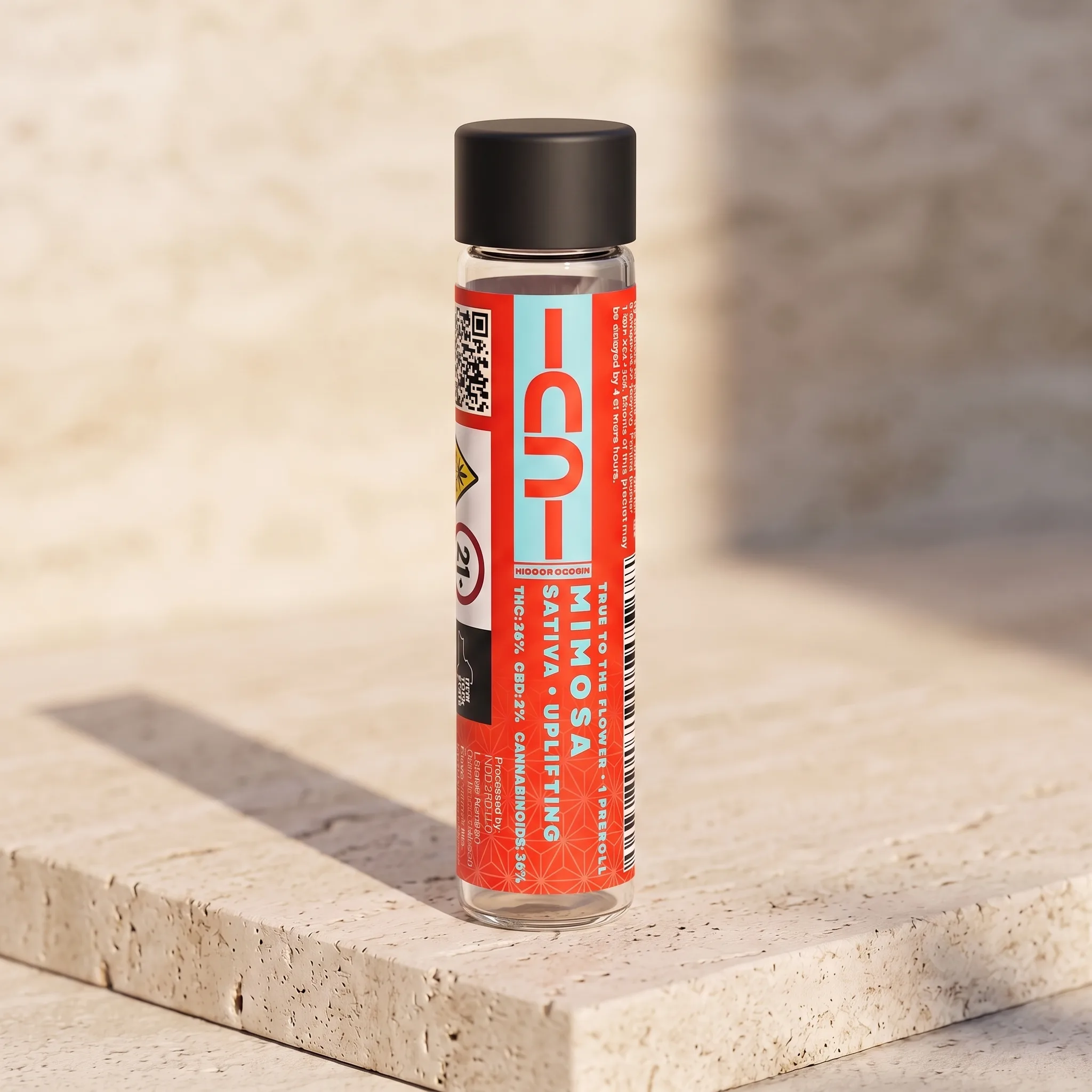 Mimosa sativa pre-roll in a clear glass tube on pale travertine, red and cyan CU label