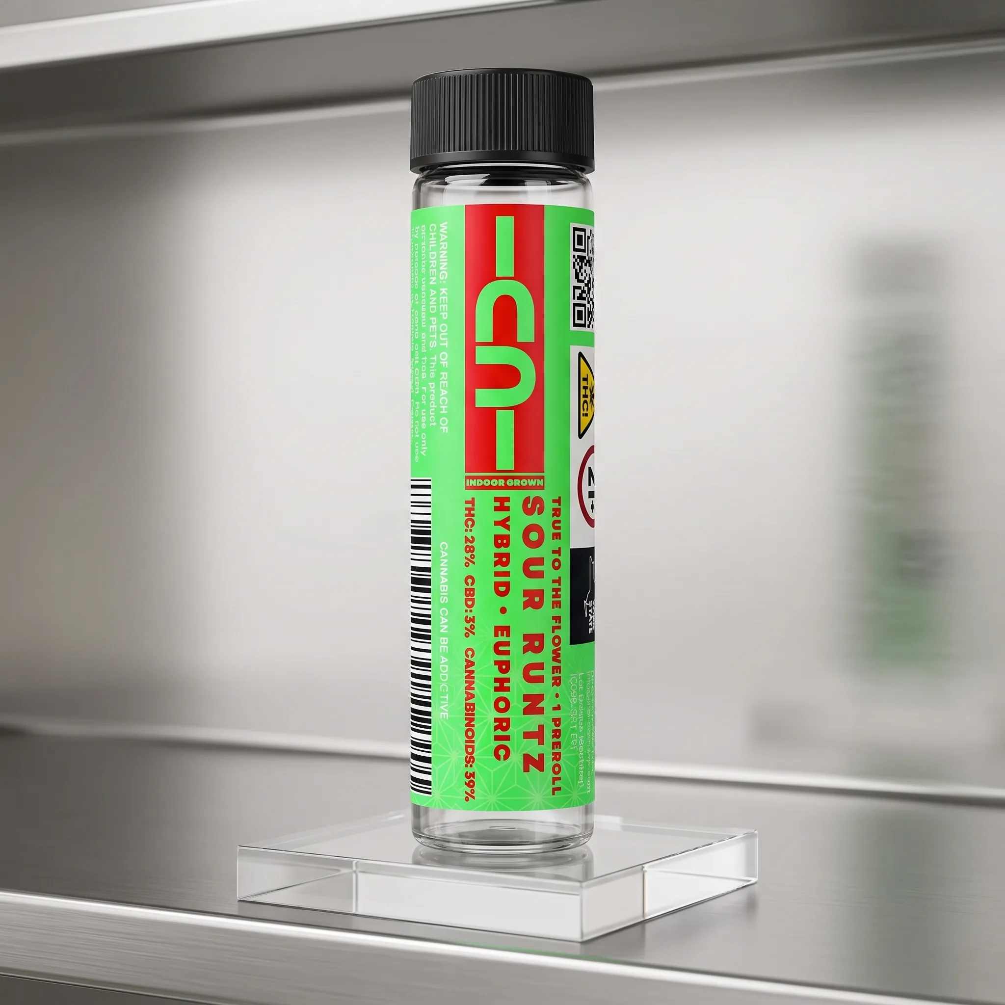 Sour Runtz hybrid pre-roll on brushed steel with acrylic riser, lime and red CU label