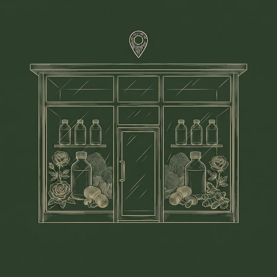 Line illustration of a dispensary storefront with elixir bottles and botanicals in the window