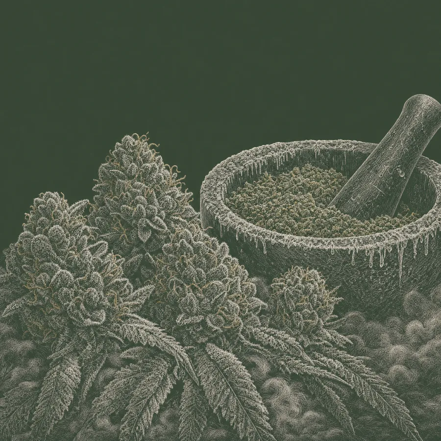 Line illustration of frost-covered cannabis flower beside a stone mortar holding a coarse grind