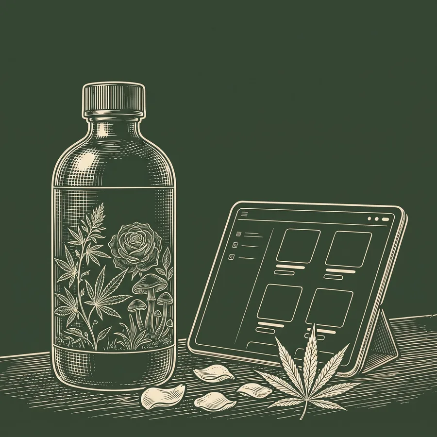 Line illustration of a CANOPI elixir bottle beside a dispensary menu tablet