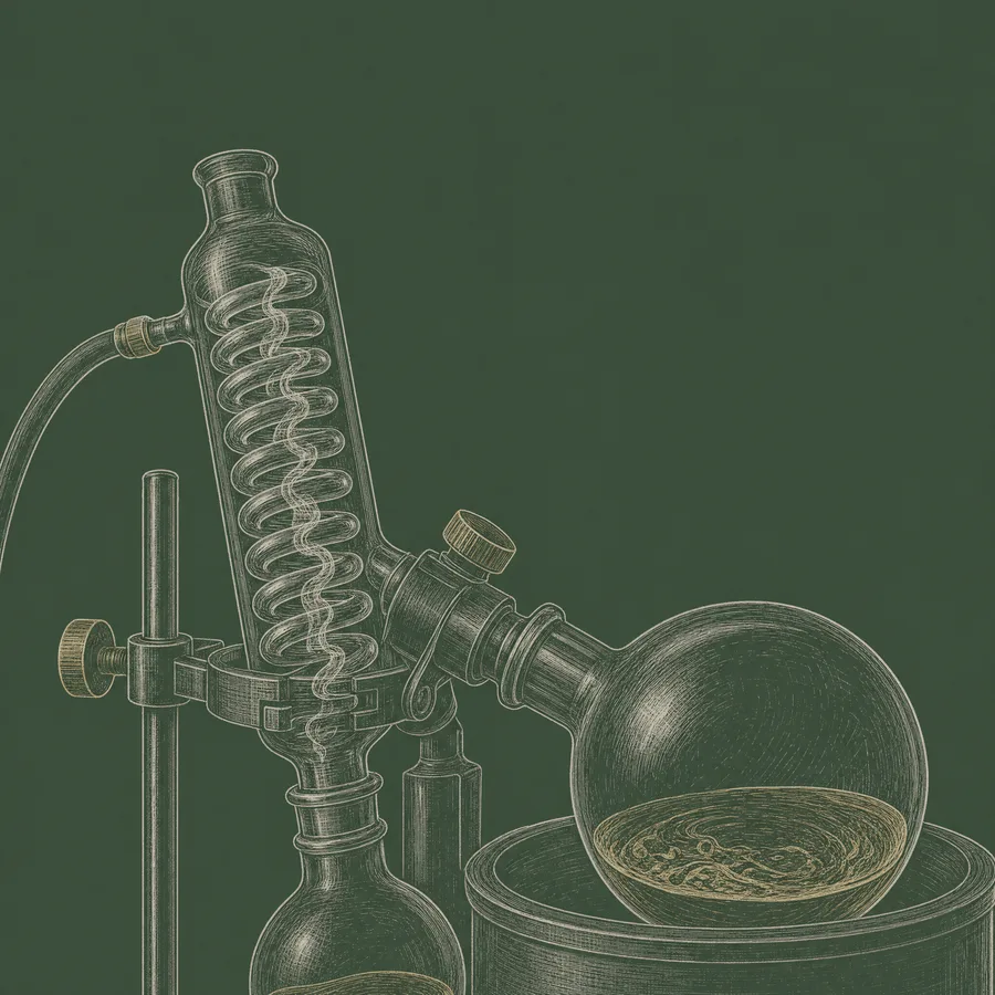 Line illustration of a rotary evaporator with a round-bottom flask and coiled condenser