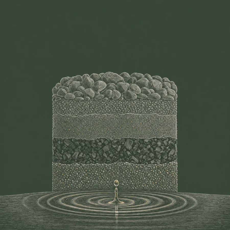 Line illustration of a layered filtration column in cross-section above concentric ripple rings
