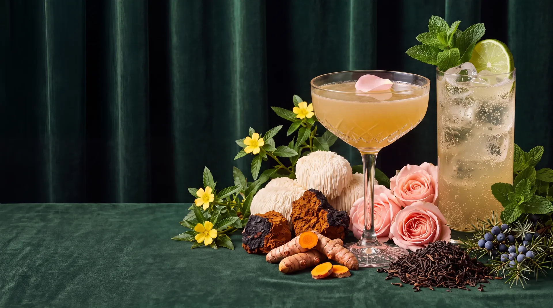 Coupe and highball of pale golden pours with lion’s mane, chaga, turmeric, rose, damiana, juniper, and black tea on forest-green velvet