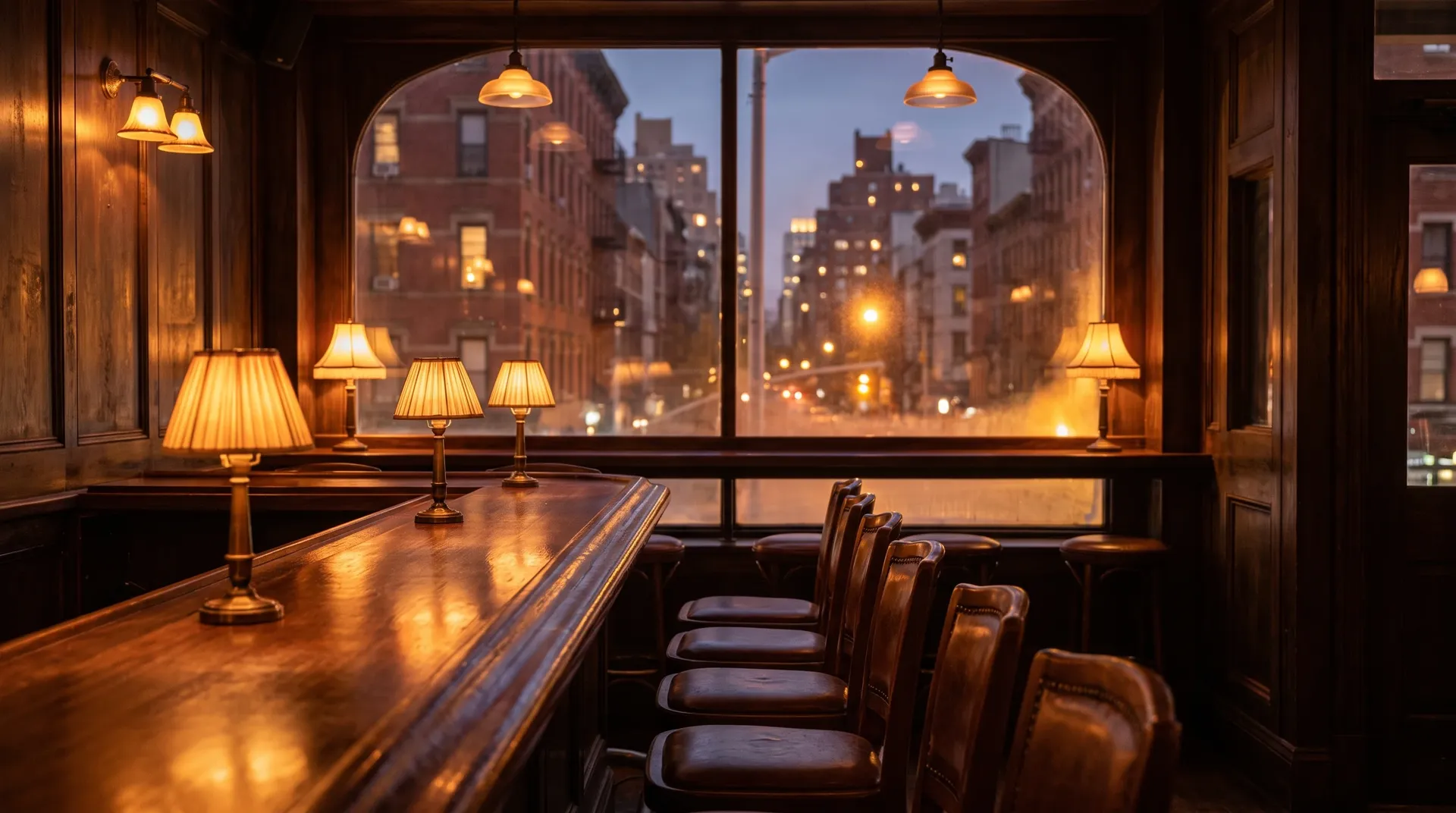Warm New York bar counter at dusk with polished wood and amber lamps — no people